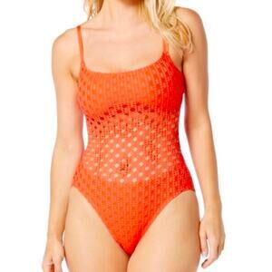 Carmen Marc Valvo One Piece Beach Swimsuit Size 10 in Coral Crochet NEW